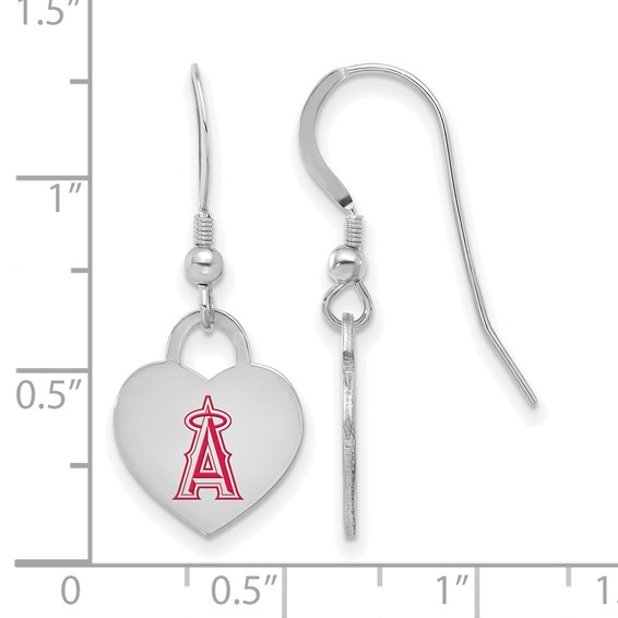Sterling Silver Rhodium Plated Major League Baseball LogoArt Los Angeles Angels Enameled Heart Dangle Earrings
