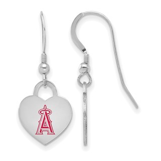 Sterling Silver Rhodium Plated Major League Baseball LogoArt Los Angeles Angels Enameled Heart Dangle Earrings