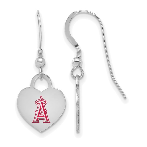 Sterling Silver Rhodium Plated Major League Baseball LogoArt Los Angeles Angels Enameled Heart Dangle Earrings