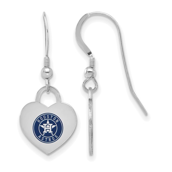 Sterling Silver Rhodium Plated Major League Baseball LogoArt Houston Astros Enamel Heart Dangle Earrings