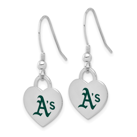Sterling Silver Rhodium Plated Major League Baseball LogoArt Oakland Athletics Enamel Heart Dangle Earrings