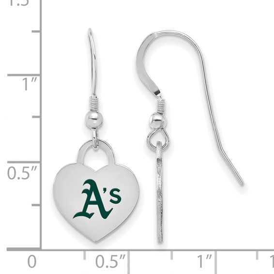 Sterling Silver Rhodium Plated Major League Baseball LogoArt Oakland Athletics Enamel Heart Dangle Earrings