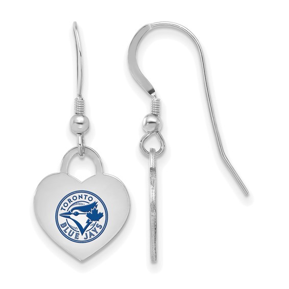 Sterling Silver Rhodium Plated Major League Baseball LogoArt Toronto Blue Jays Enamel Heart Dangle Earrings