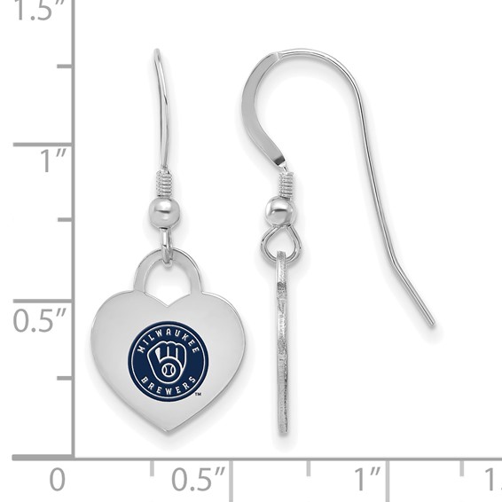 Sterling Silver Rhodium Plated Major League Baseball LogoArt Milwaukee Brewers Enamel Heart Dangle Earrings