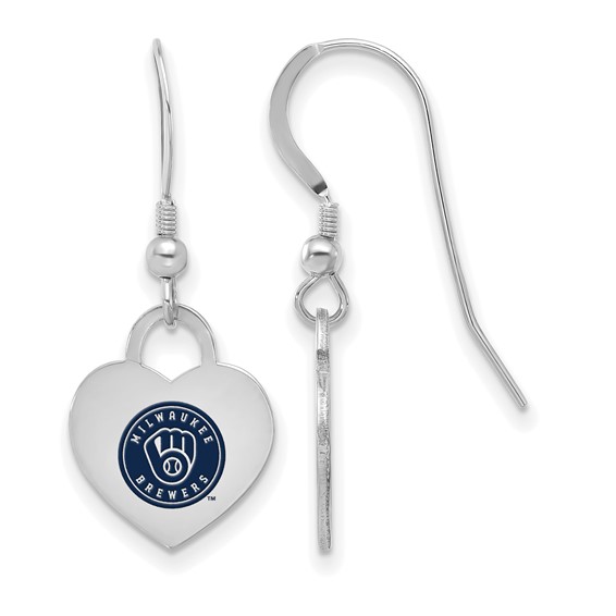Sterling Silver Rhodium Plated Major League Baseball LogoArt Milwaukee Brewers Enamel Heart Dangle Earrings