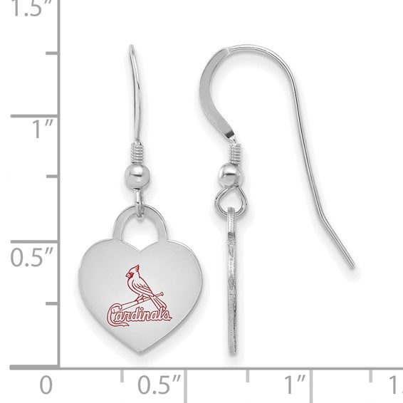 Sterling Silver Rhodium Plated Major League Baseball LogoArt St Louis Cardinals Enamel Heart Dangle Earrings