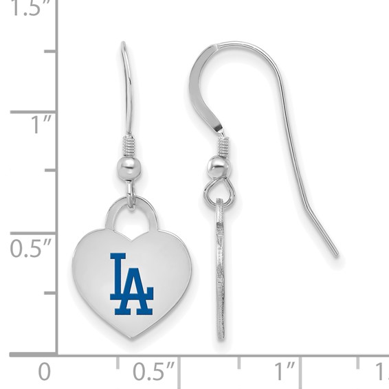 Sterling Silver Rhodium Plated Major League Baseball LogoArt Los Angeles Dodgers Enamel Heart Dangle Earrings