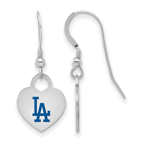 Sterling Silver Rhodium Plated Major League Baseball LogoArt Los Angeles Dodgers Enamel Heart Dangle Earrings