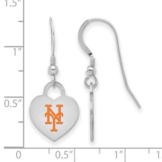 Sterling Silver Rhodium Plated Major League Baseball LogoArt New York Mets Enamel Heart Dangle Earrings