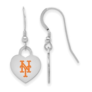 Sterling Silver Rhodium Plated Major League Baseball LogoArt New York Mets Enamel Heart Dangle Earrings