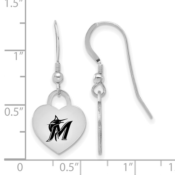 Sterling Silver Rhodium Plated Major League Baseball LogoArt Miami Marlins Enamel Heart Dangle Earrings