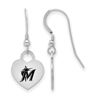 Sterling Silver Rhodium Plated Major League Baseball LogoArt Miami Marlins Enamel Heart Dangle Earrings