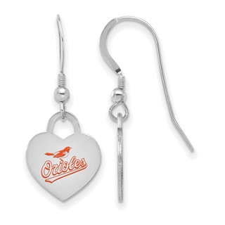 Sterling Silver Rhodium Plated Major League Baseball LogoArt Baltimore Orioles Enamel Heart Dangle Earrings