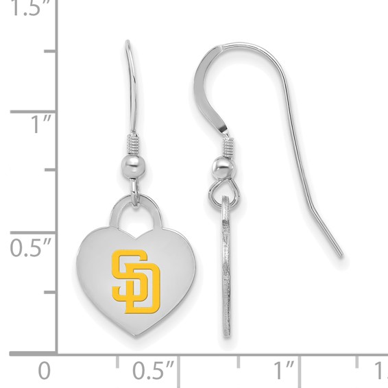 Sterling Silver Rhodium Plated Major League Baseball LogoArt San Diego Padres Enamel Heart Dangle Earrings