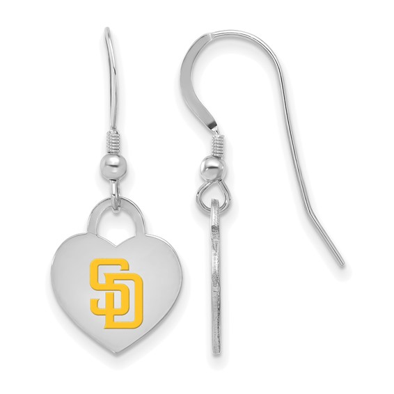 Sterling Silver Rhodium Plated Major League Baseball LogoArt San Diego Padres Enamel Heart Dangle Earrings