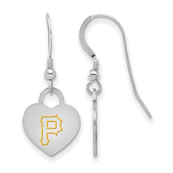 Sterling Silver Rhodium Plated Major League Baseball LogoArt Pittsburgh Pirates Enamel Heart Dangle Earrings