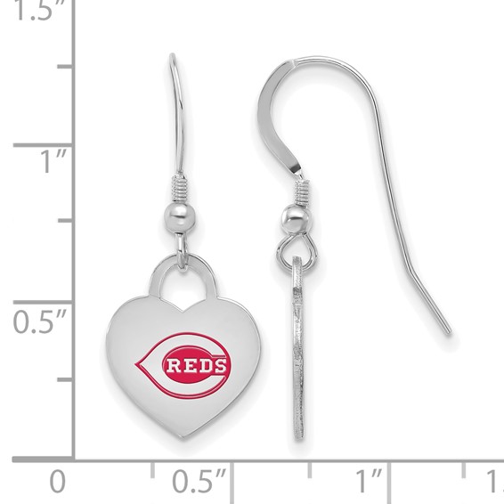 Sterling Silver Rhodium Plated Major League Baseball LogoArt Cincinnati Reds Enamel Heart Dangle Earrings