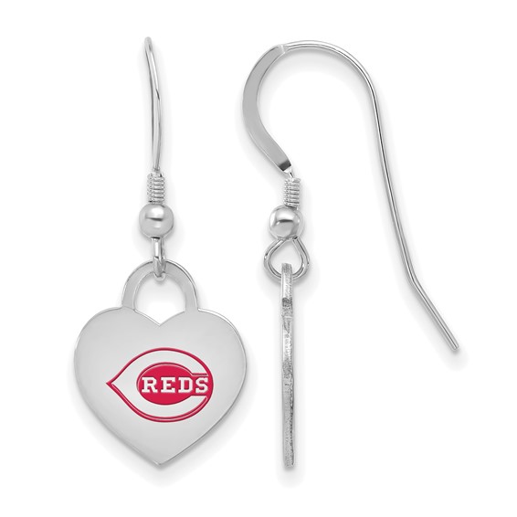 Sterling Silver Rhodium Plated Major League Baseball LogoArt Cincinnati Reds Enamel Heart Dangle Earrings