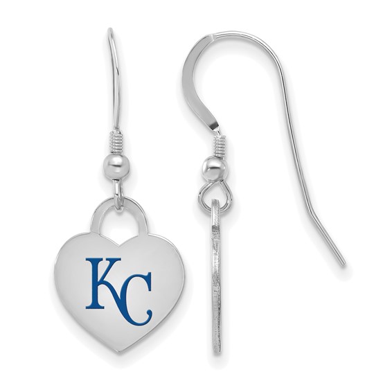 Sterling Silver Rhodium Plated Major League Baseball LogoArt Kansas City Royals Enamel Heart Dangle Earrings