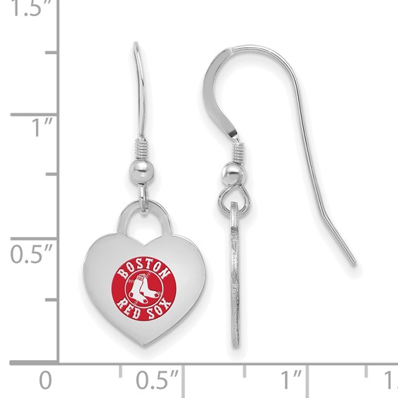 Sterling Silver Rhodium Plated Major League Baseball LogoArt Boston Red Sox Enamel Heart Dangle Earrings