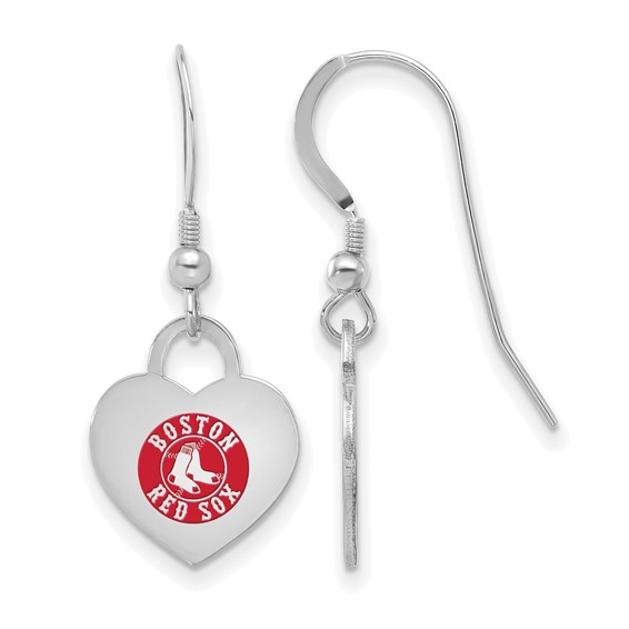 Sterling Silver Rhodium Plated Major League Baseball LogoArt Boston Red Sox Enamel Heart Dangle Earrings