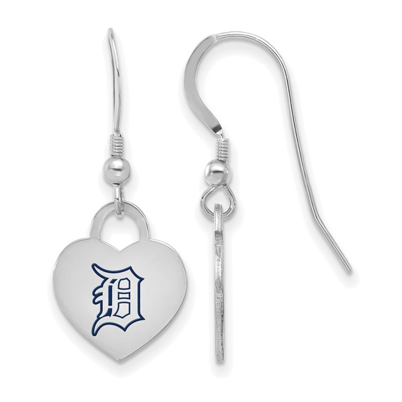 Sterling Silver Rhodium Plated Major League Baseball LogoArt Detroit Tigers Enamel Heart Dangle Earrings