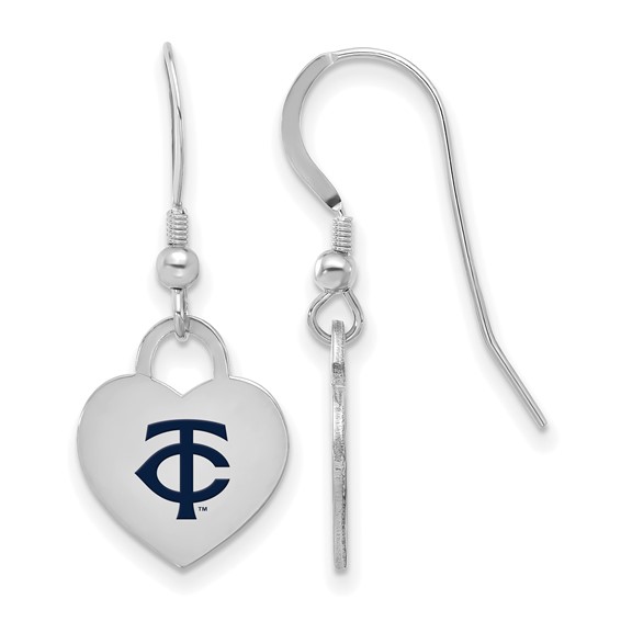 Sterling Silver Rhodium Plated Major League Baseball LogoArt Minnesota Twins Enamel Heart Dangle Earrings