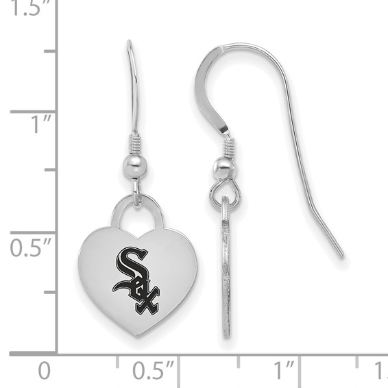 Sterling Silver Rhodium Plated Major League Baseball LogoArt Chicago White Sox Enamel Heart Dangle Earrings
