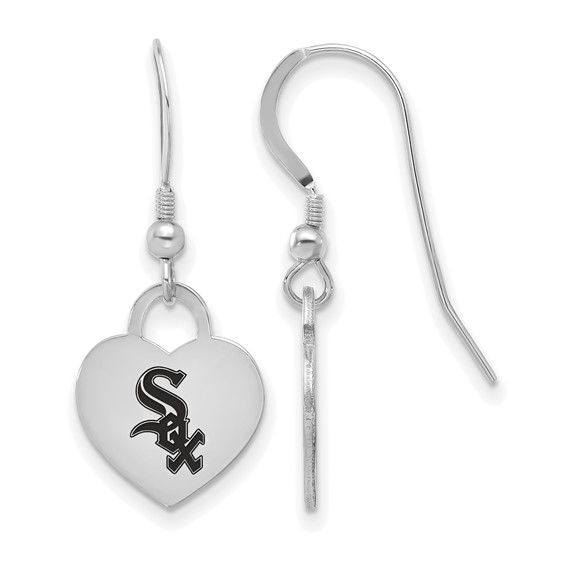 Sterling Silver Rhodium Plated Major League Baseball LogoArt Chicago White Sox Enamel Heart Dangle Earrings