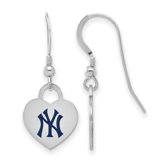 Sterling Silver Rhodium Plated Major League Baseball LogoArt New York Yankees Enamel Heart Dangle Earrings