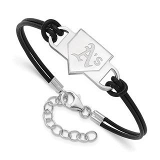 Sterling Silver Rhodium Plated Major League Baseball LogoArt Oakland Athletics Homeplate Leather Bracelet