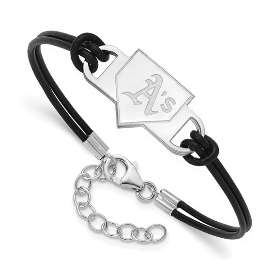Sterling Silver Rhodium Plated Major League Baseball LogoArt Oakland Athletics Homeplate Leather Bracelet
