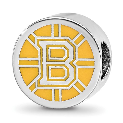 Sterling Silver Rhodium-plated Nhl LogoArt Boston Bruins Enameled Bead