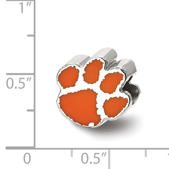 Sterling Silver Rhodium-plated LogoArt Clemson University Tiger Paw Enameled Logo Bead