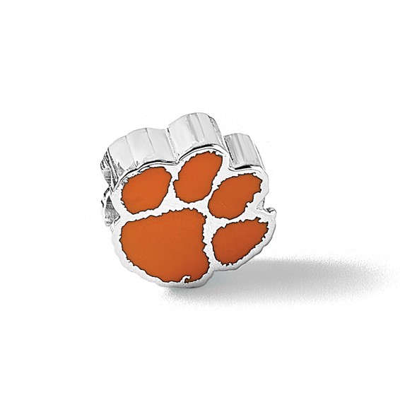 Sterling Silver Rhodium-plated LogoArt Clemson University Tiger Paw Enameled Logo Bead