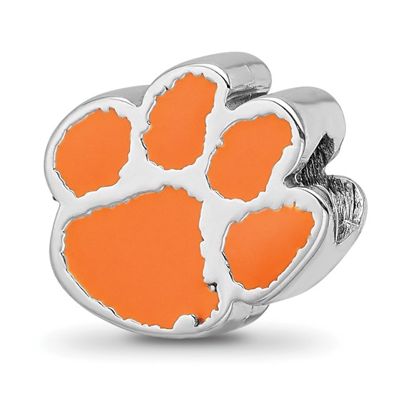 Sterling Silver Rhodium-plated LogoArt Clemson University Tiger Paw Enameled Logo Bead
