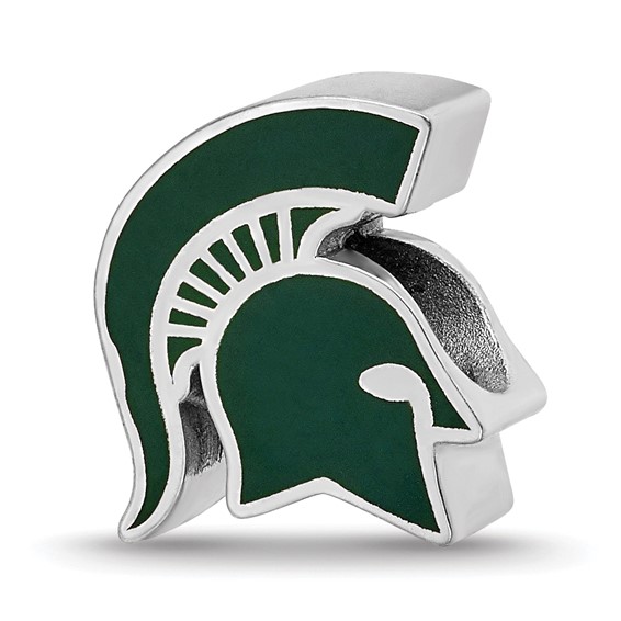 Sterling Silver Rhodium-plated LogoArt Michigan State University Spartan Enameled Logo Bead
