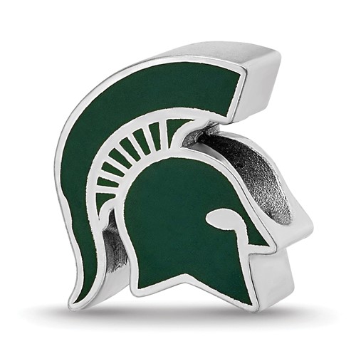 Sterling Silver Rhodium-plated LogoArt Michigan State University Spartan Enameled Logo Bead