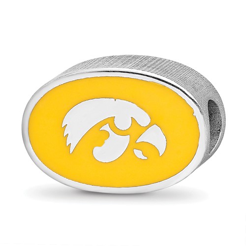 Sterling Silver Rhodium-plated LogoArt the University of Iowa Hawk Enameled 1-sided Bead