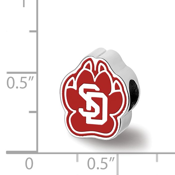 Sterling Silver Rhodium-plated LogoArt University of South Dakota S-D Pawprint Enameled Bead