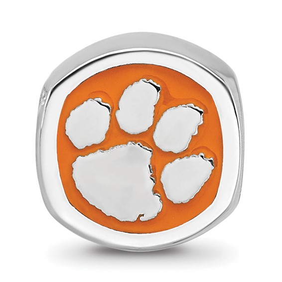 Sterling Silver Rhodium-plated LogoArt Clemson University Tiger Paw Enameled Bead