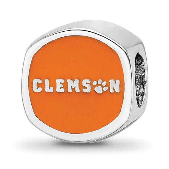 Sterling Silver Rhodium-plated LogoArt Clemson University Tiger Paw Enameled Bead