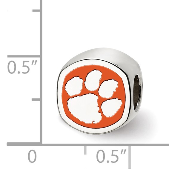 Sterling Silver Rhodium-plated LogoArt Clemson University Tiger Paw Enameled Bead