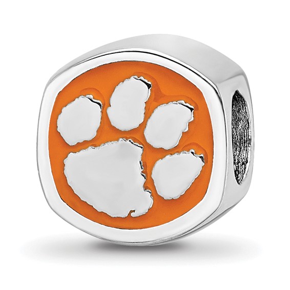 Sterling Silver Rhodium-plated LogoArt Clemson University Tiger Paw Enameled Bead