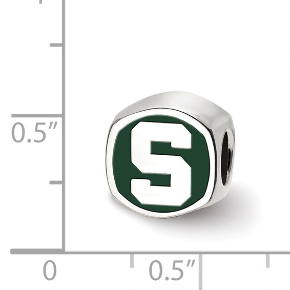 Sterling Silver Rhodium-plated LogoArt Michigan State University Enameled Double Logo Bead