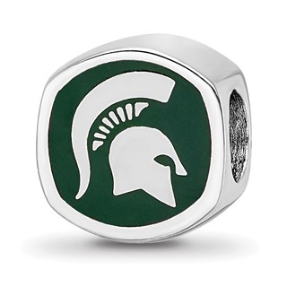 Sterling Silver Rhodium-plated LogoArt Michigan State University Enameled Double Logo Bead
