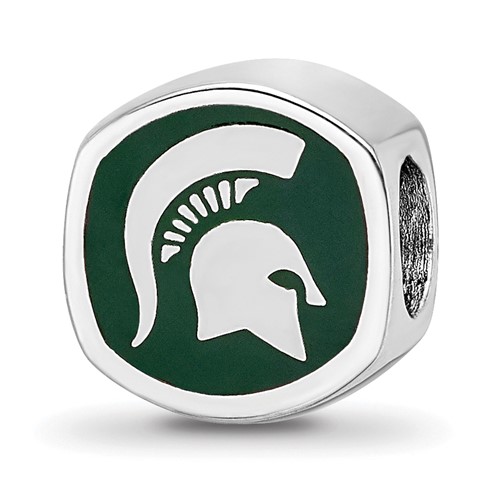 Sterling Silver Rhodium-plated LogoArt Michigan State University Enameled Double Logo Bead