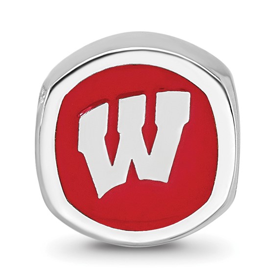 Sterling Silver Rhodium-plated LogoArt University of Wisconsin Enameled Double Logo Bead