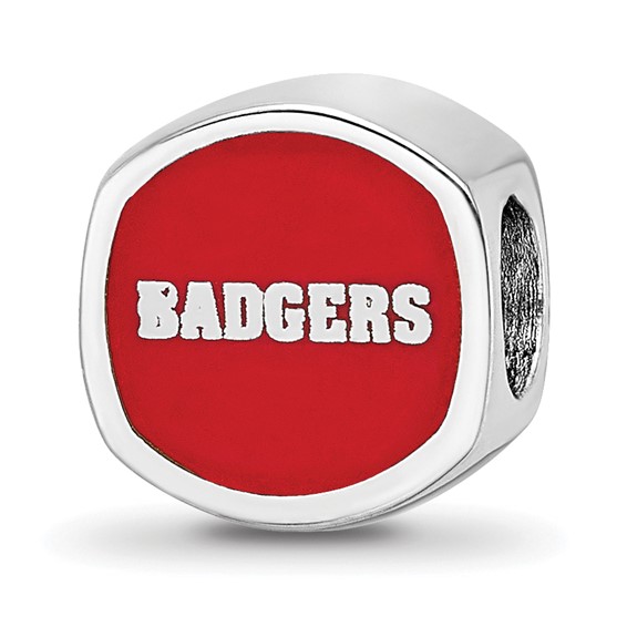 Sterling Silver Rhodium-plated LogoArt University of Wisconsin Enameled Double Logo Bead