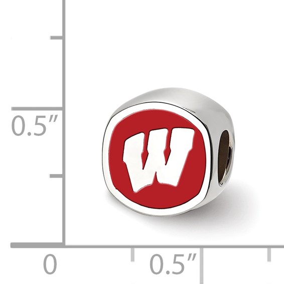 Sterling Silver Rhodium-plated LogoArt University of Wisconsin Enameled Double Logo Bead